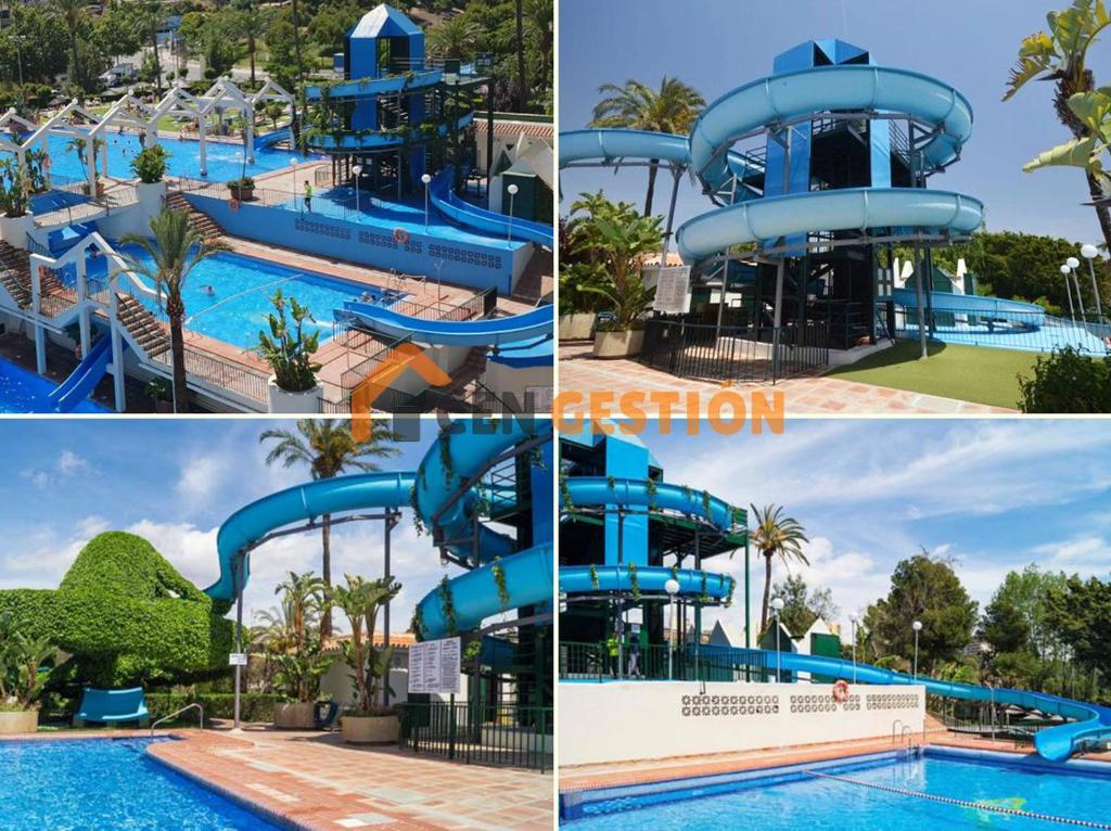 a collage of four pictures of a water park at Benalbeach, Bonito apartamento 2 dormitorios in Benalmádena