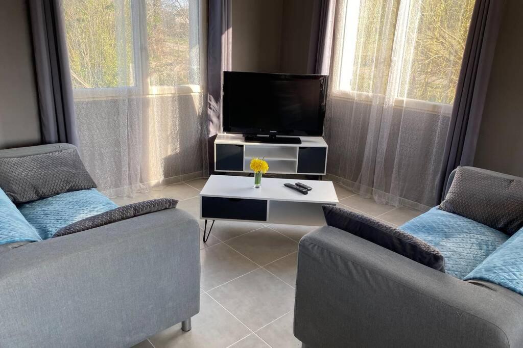 - un salon avec deux chaises et une télévision à écran plat dans l'établissement Maison de vacances - Lac de Chaumeçon - Morvan - La Méloise, à Saint-Martin-du-Puy
