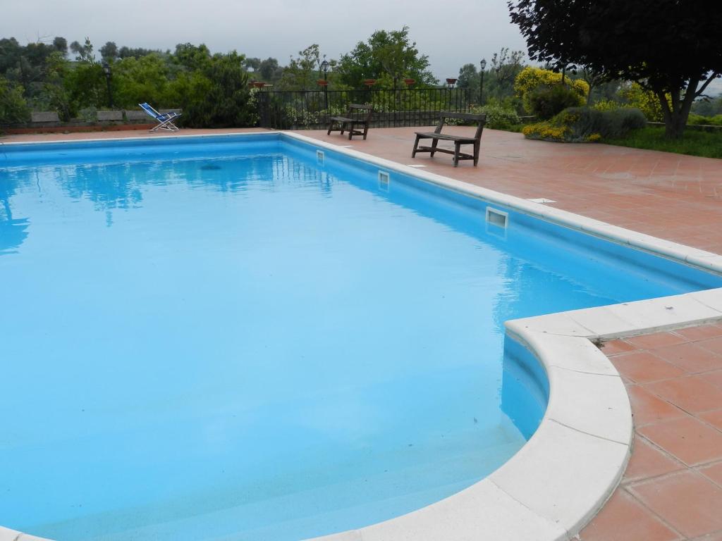 a large blue swimming pool with two benches around it at Pit Stop in Campagnano di Roma