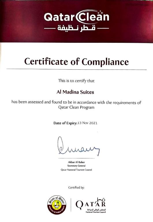 Certifikát, hodnocení, plakát nebo jiný dokument vystavený v ubytování Al Madina Suites Doha