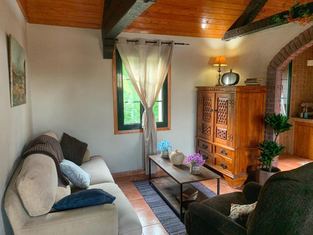 uma sala de estar com um sofá e uma mesa em Casa Lagar de Arume em Ponteareas