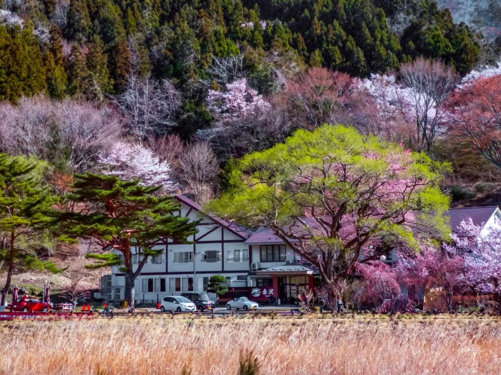 a house in the middle of a field with trees at Akasawa Onsen Ryokan in Nasushiobara