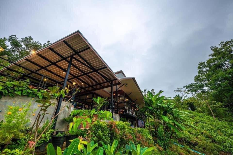 un bâtiment avec toit et plantes sur une colline dans l'établissement Baanhatsompaen homestay, à Ranong