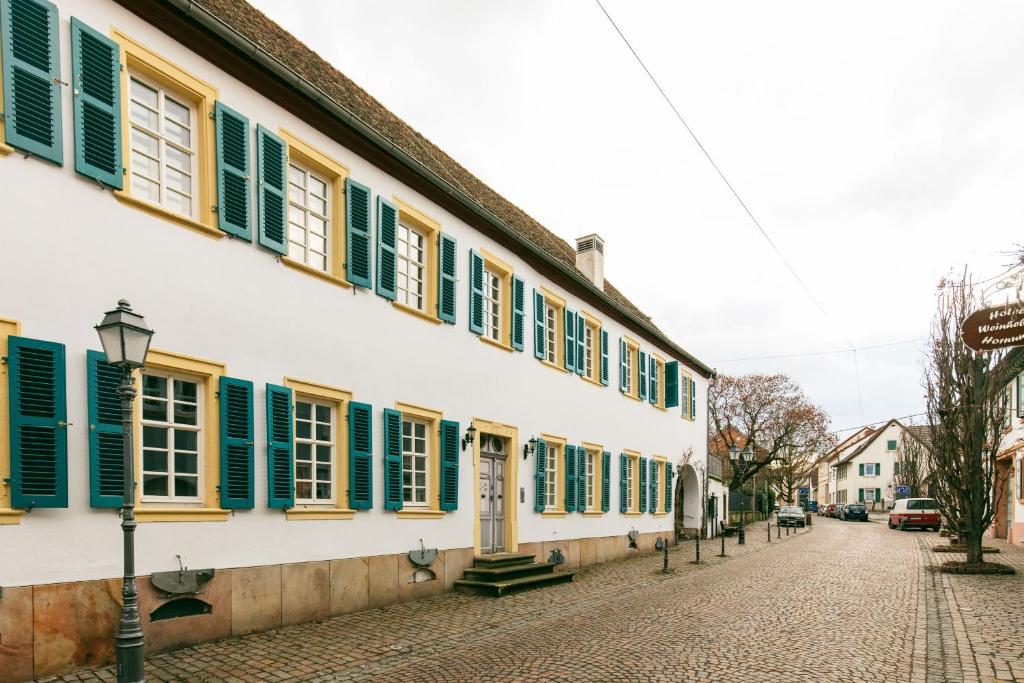 uma rua com persianas verdes num edifício em Amtshaus Freinsheim em Freinsheim