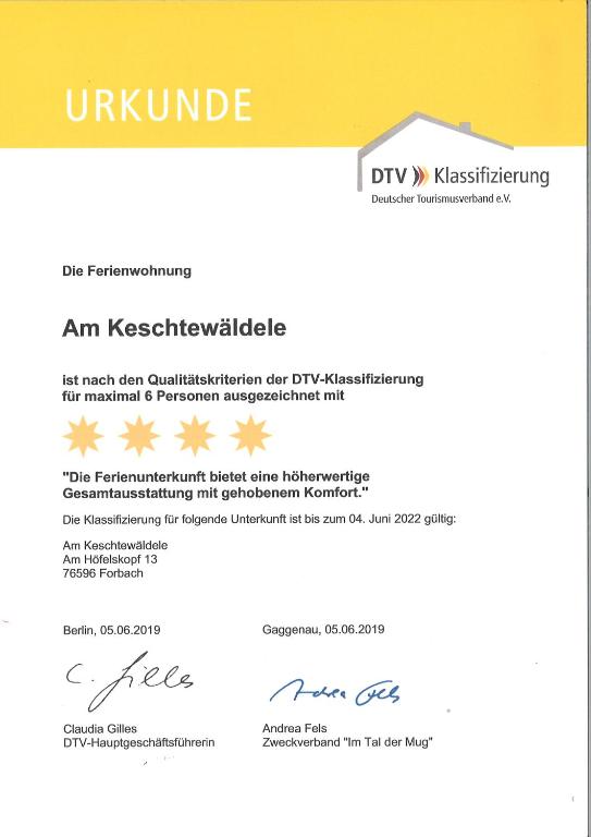 Certifikát, hodnocení, plakát nebo jiný dokument vystavený v ubytování Am Keschtewaeldele ****
