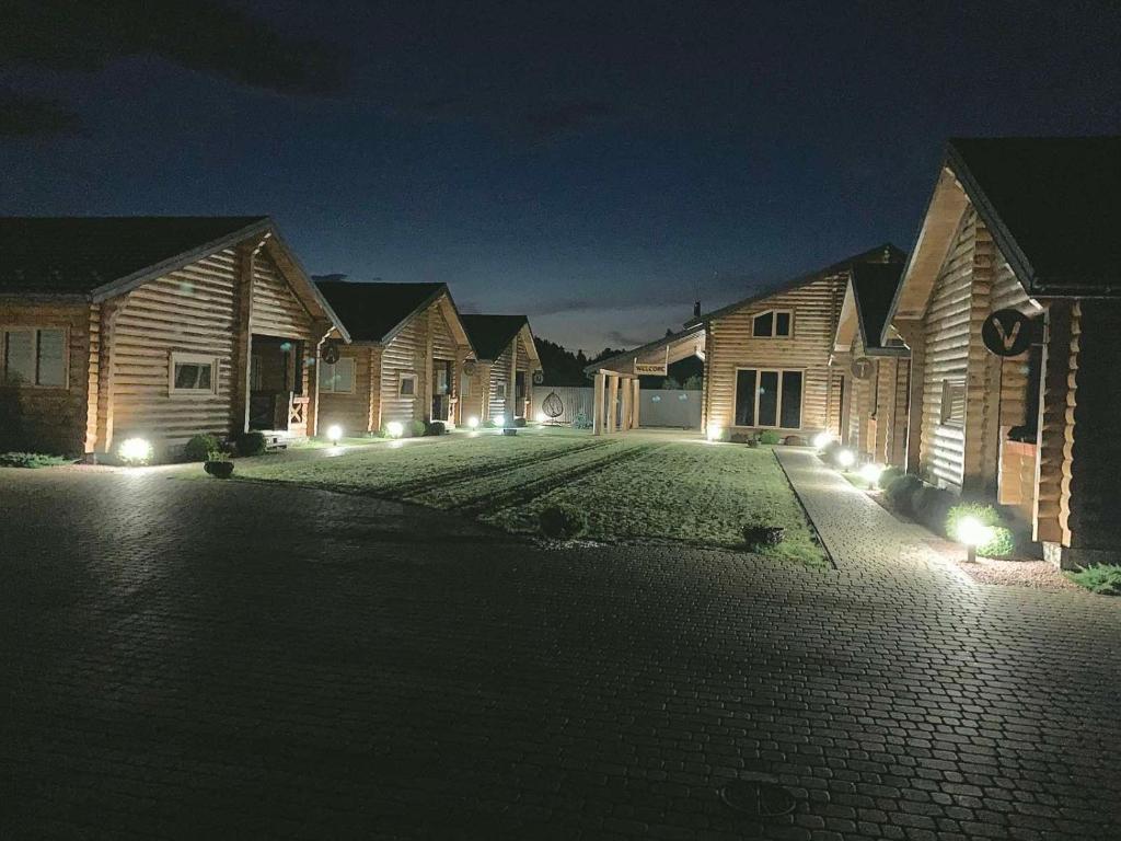 een rij huizen 's nachts met lichten bij Family Wood in Svityazʼ