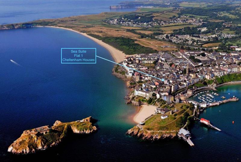 an aerial view of a small island in the water at "Sea Suite" Tenby in Tenby