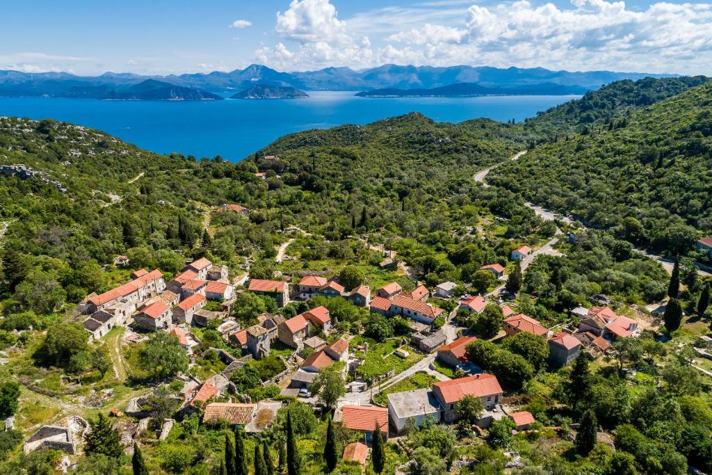 z góry widok na osiedle mieszkalne obok jeziora w obiekcie Apartments Korita w mieście Maranovići