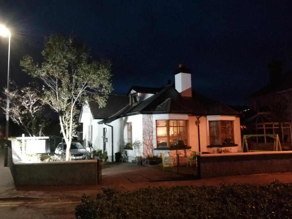 una casa illuminata di notte con un lampione di The Oystercatcher a Rostrevor