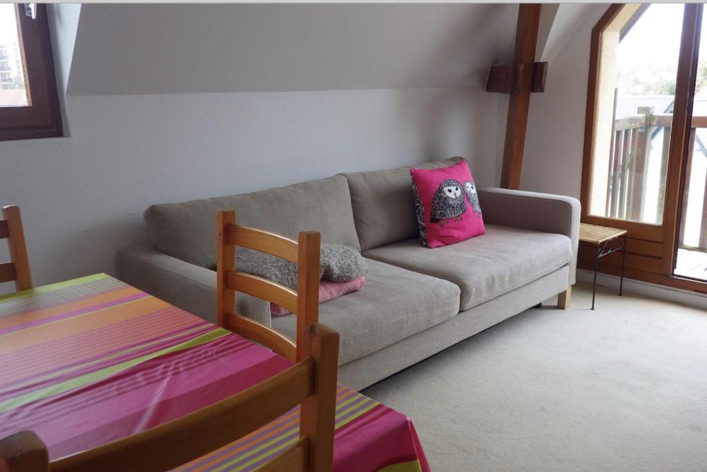 - un salon avec un canapé gris et des oreillers roses dans l'établissement Nice Flat 2 Steps From The Beach, à Cabourg