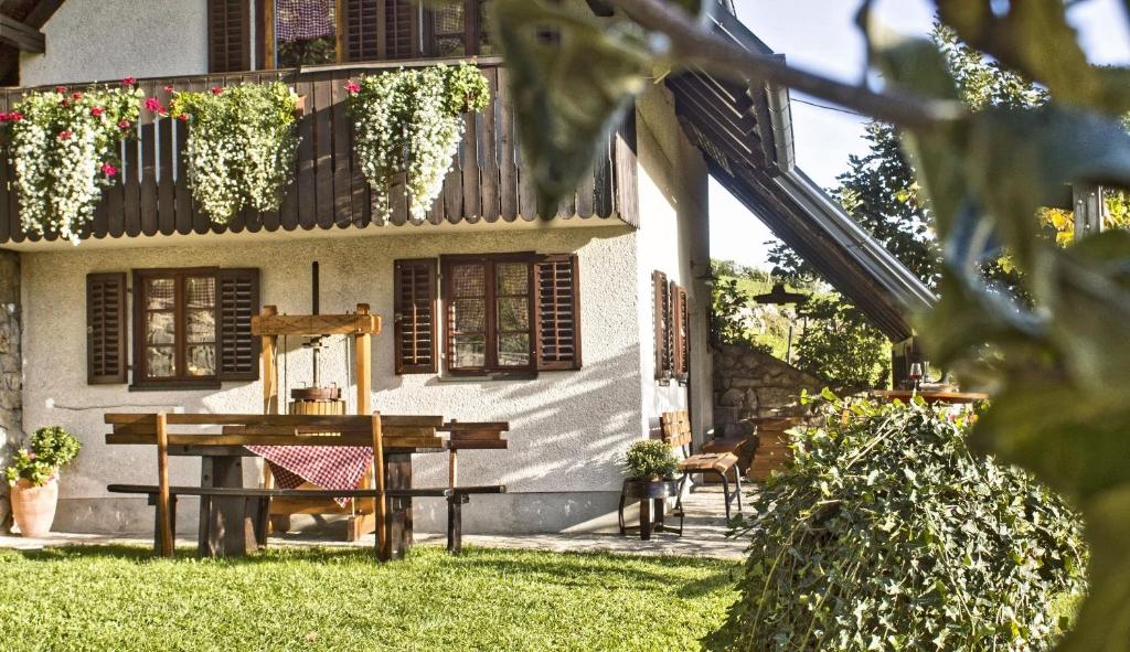 een huis met een tafel en stoelen in de tuin bij Vineyard cottage Podržaj in Otočec