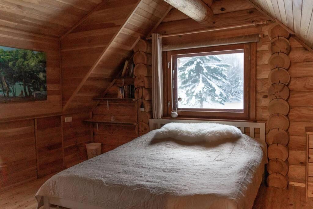 a bedroom with a bed in a log cabin at The lake house with a beautifull view in Vikipalu