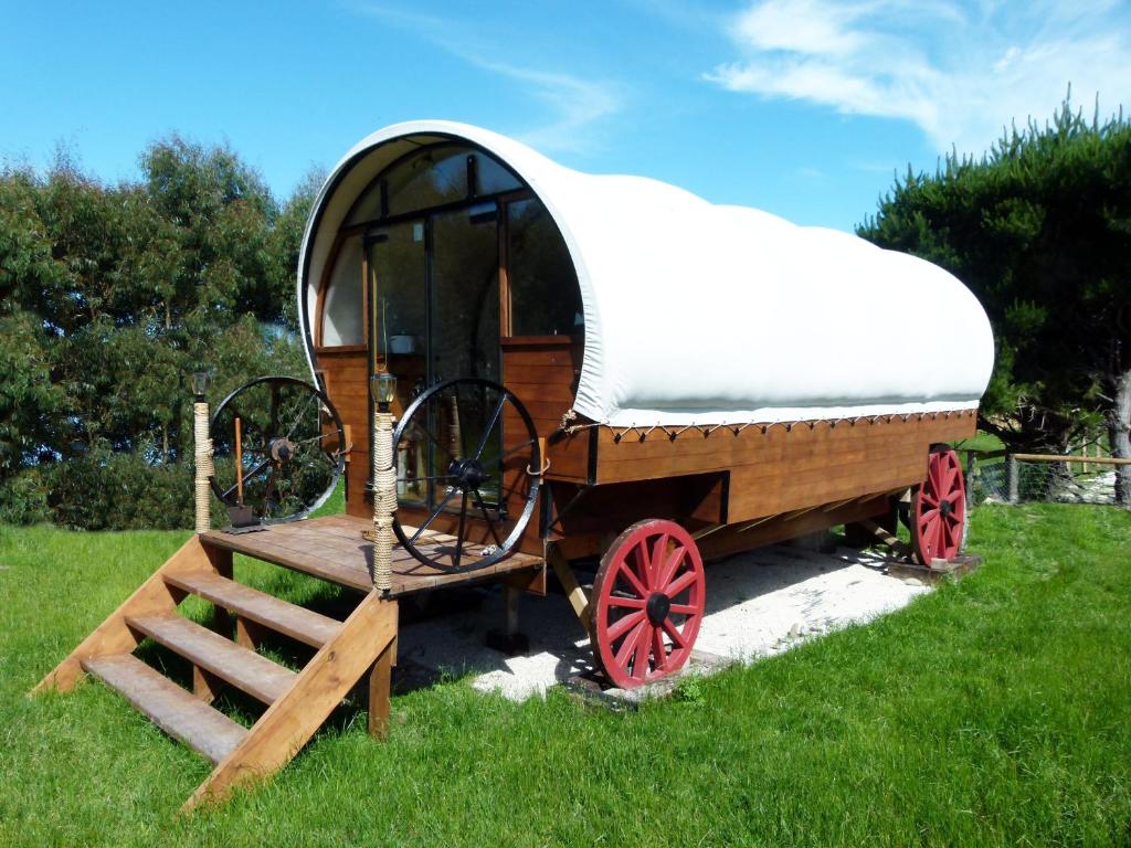 a wooden wagon with a white top sitting in the grass at Wacky Stays - unique farm-stay glamping rentals, FREE animal feeding tours in Kaikoura