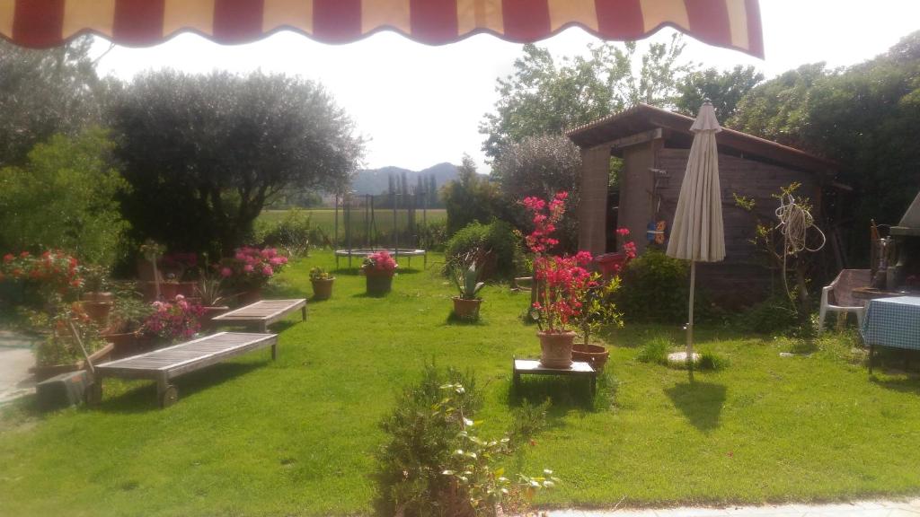 um jardim com bancos e um guarda-sol e flores em B&B Dora e Flavio Country Rooms em Montegrotto Terme