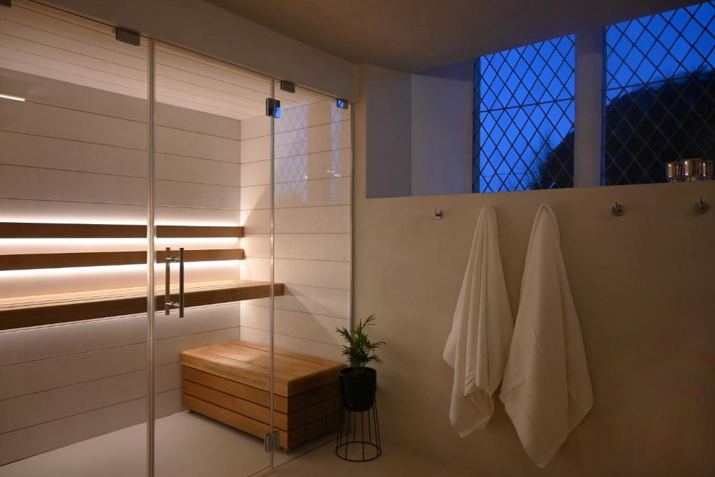斯特靈的住宿－The Auld Kirk & Spa，浴室设有玻璃淋浴间和盆栽植物