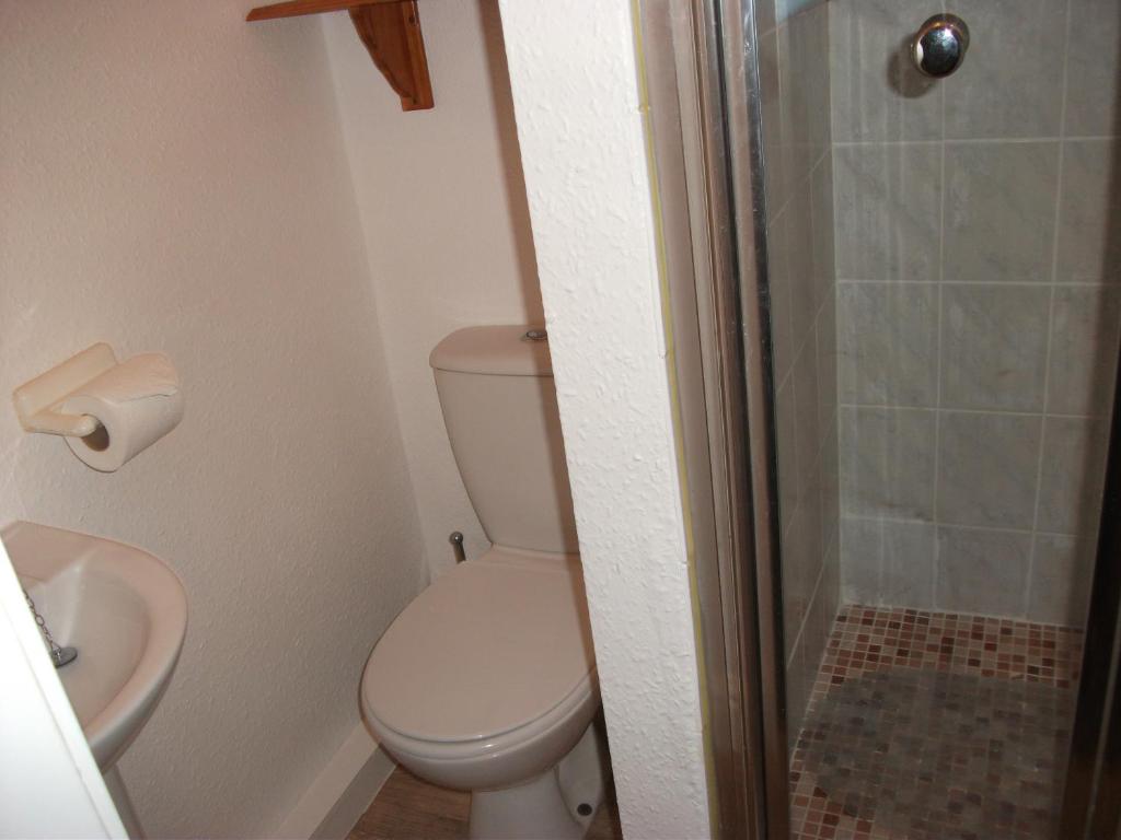 a small bathroom with a toilet and a shower at Lawnswood Holiday Apartments in Blackpool