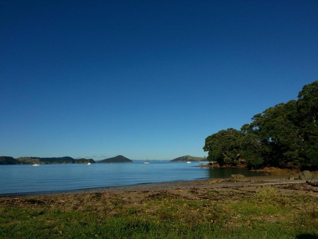 uma vista para um corpo de água com árvores em Oamaru Bay Tourist Park em Coromandel Town