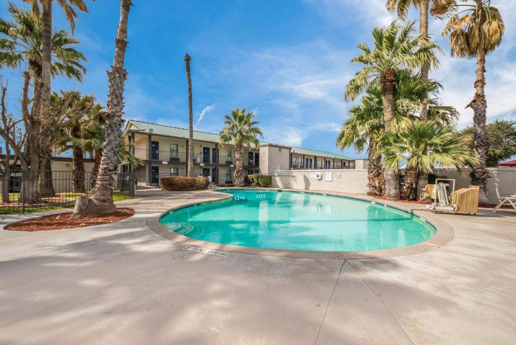 a swimming pool with palm trees in front of a building at Studio 6 Laredo, Tx - North I-35 in Laredo