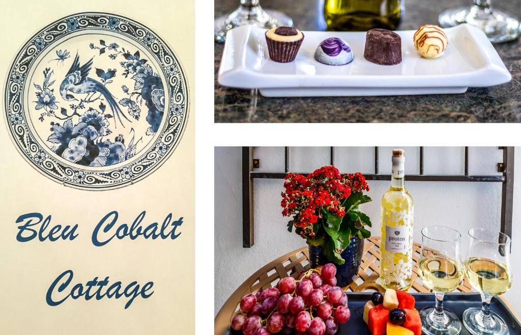 eine Collage mit Fotos mit einem Teller Essen und Wein in der Unterkunft Bleu Cobalt Cottage in Franschhoek