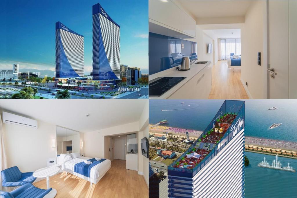 a collage of four pictures of a hotel room at Orbi City Twin Towers in Batumi