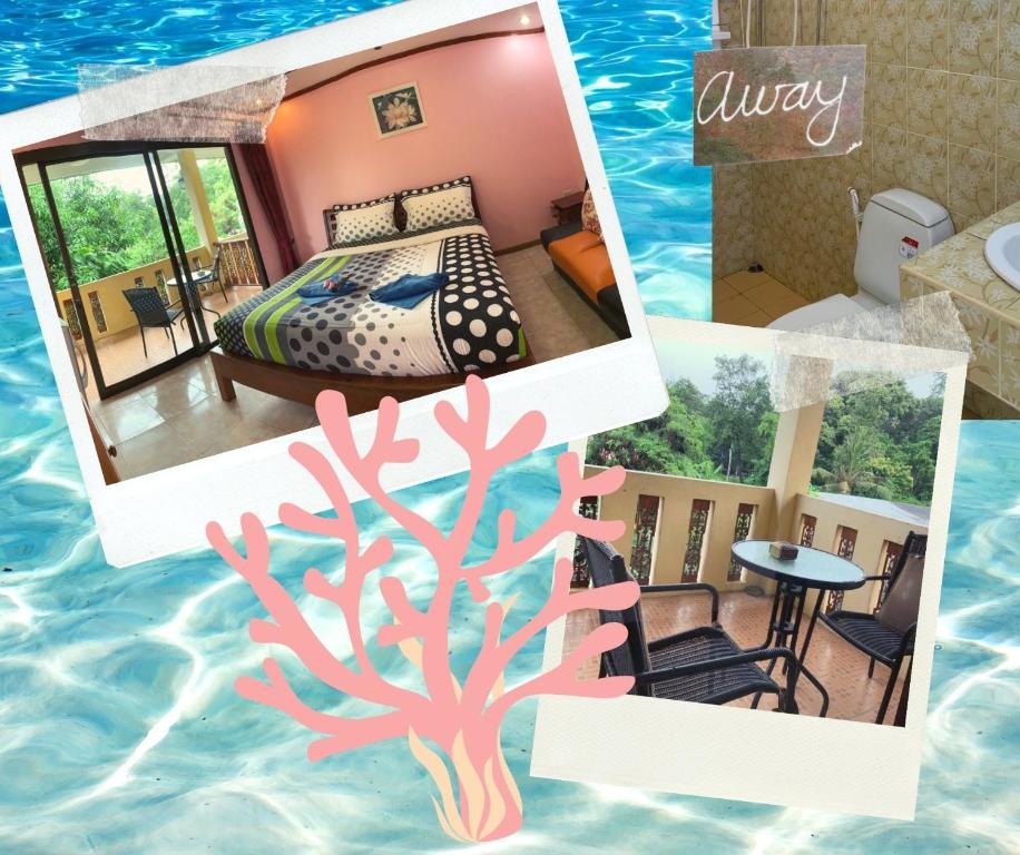 eine Collage eines Zimmers mit einem Bett und einem Baum in der Unterkunft MossMan House in Ko Samed