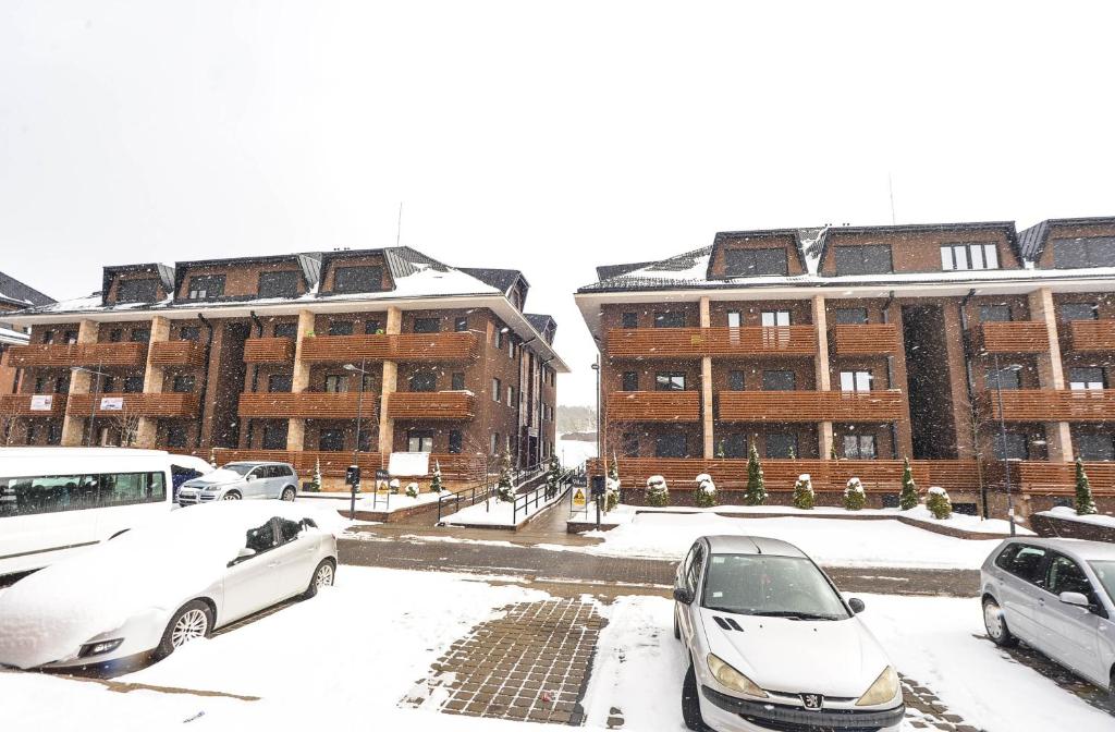 um parque de estacionamento com carros estacionados na neve em Apartment Dutina em Zlatibor