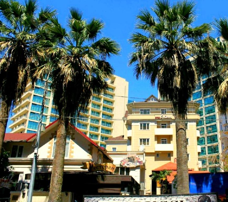 索契的住宿－Sunlion Баунти Hotel，一群棕榈树在一座建筑前