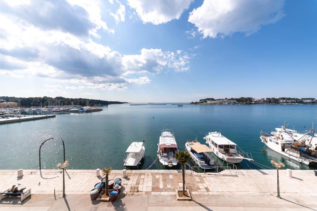 vistas a un puerto deportivo con barcos en el agua en Design Apartment Bellevue en Poreč