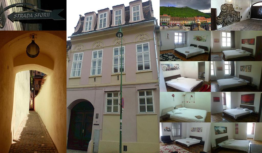 a collage of photos of a building and a house at Casa Sforii Brasov in Braşov