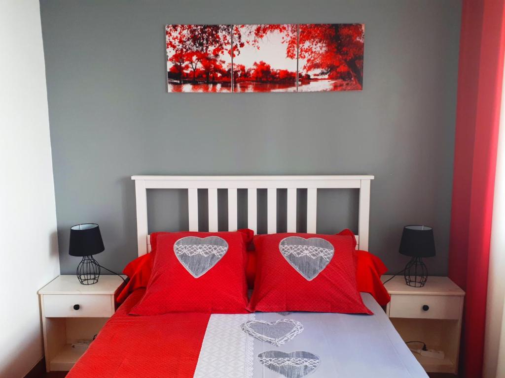 a bed with red pillows and a painting on the wall at Studio Le Virgile - Annecy in Annecy