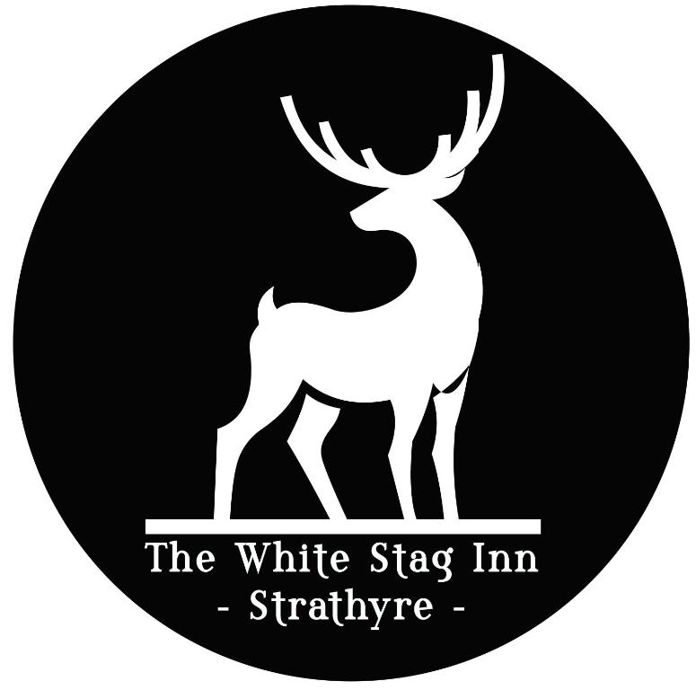 a black and white logo of a deer with the white stag im signature at The White Stag Inn in Strathyre