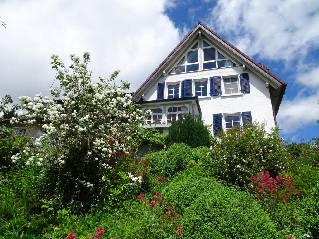 a white house with blue windows and a flowering tree at Haus Emmerich in Gaienhofen