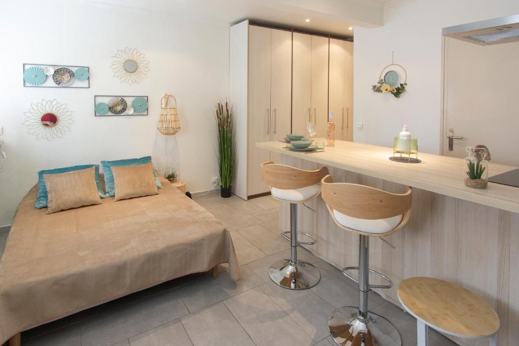 a bedroom with a bed and a bar in it at Studio climatisé à 50m des plages in Nice