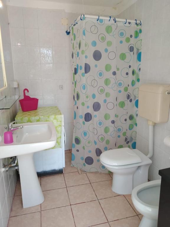łazienka z toaletą i zasłoną prysznicową w obiekcie Villa Camelia By Cala Salento w mieście Torre Lapillo