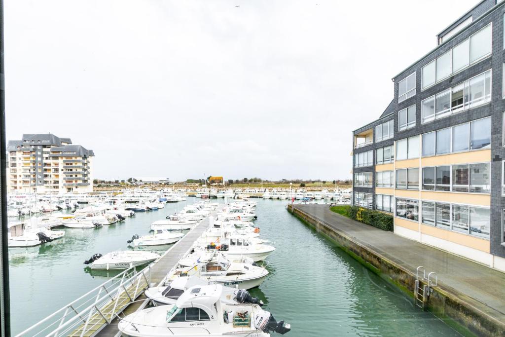 a group of boats docked in a marina next to a building at Le Gréement - Appt vue sur le port in Courseulles-sur-Mer