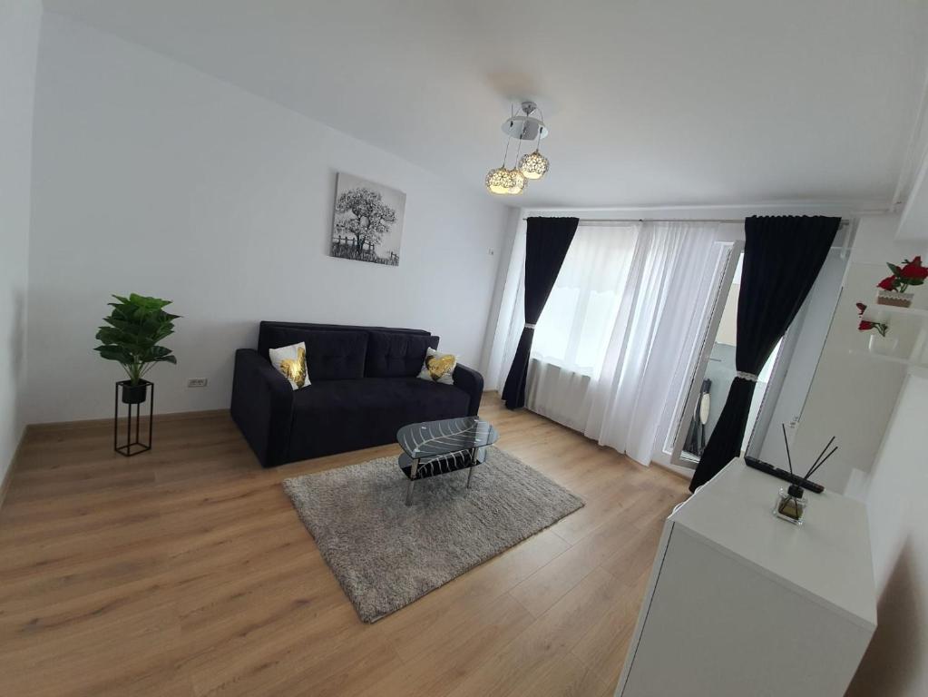 ein Wohnzimmer mit einem Sofa und einem Tisch in der Unterkunft Apartament 3 camere militari residence in Roşu
