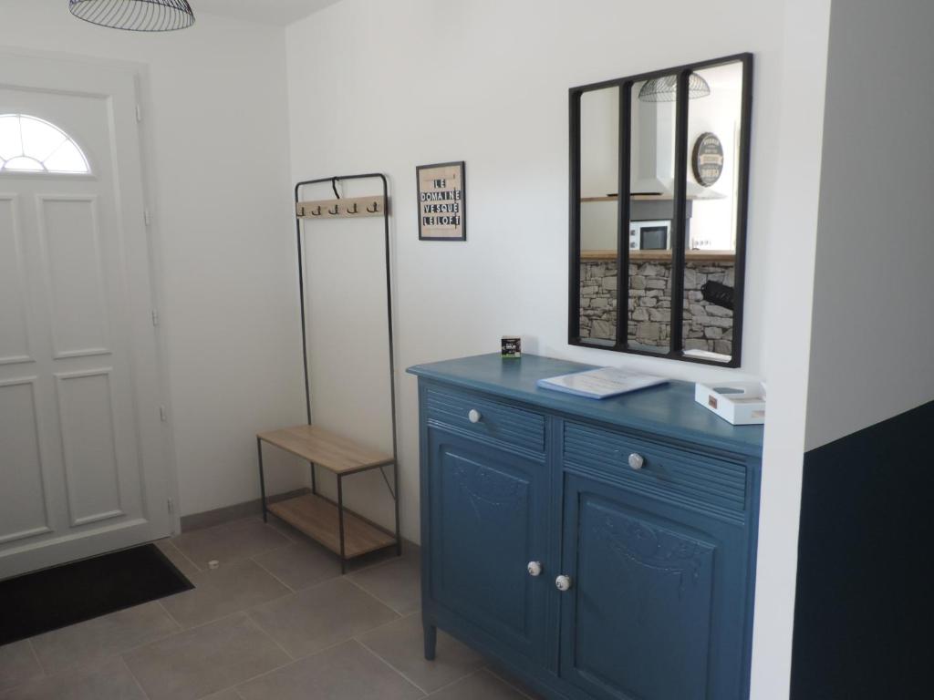łazienka z niebieską szafką i lustrem w obiekcie Le Domaine Vesque. Le LOFT w mieście Saint-Pierre-de-Clairac