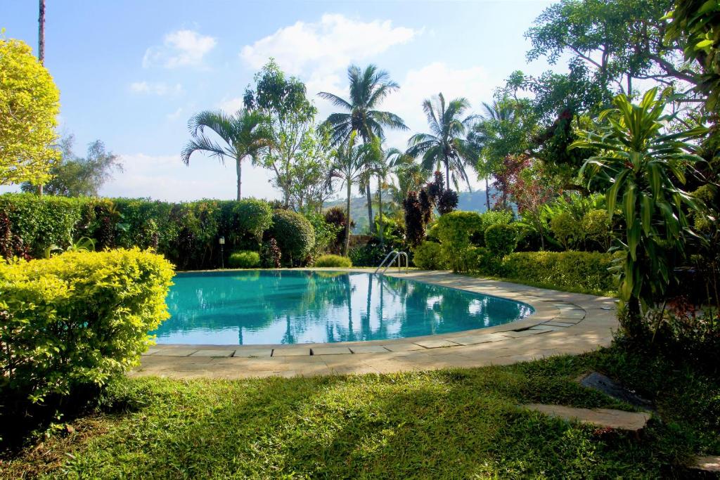 una piscina en un jardín con palmeras en Hotel Coorg International, en Madikeri