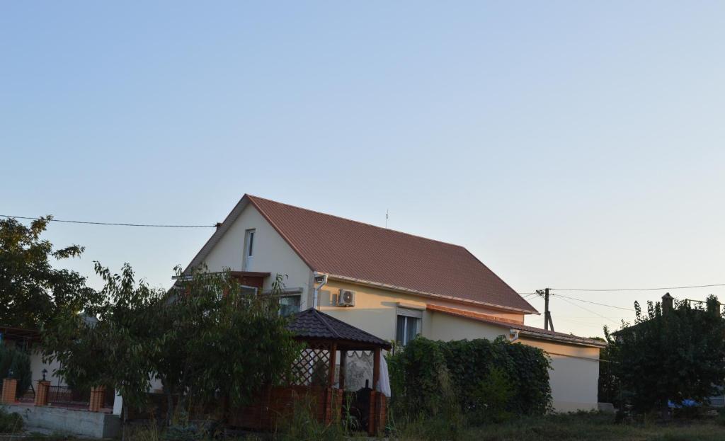 Biały dom z brązowym dachem w obiekcie Дача в Санжейке с уютной территорией для отдыха у Чёрного моря w mieście Sanżijka