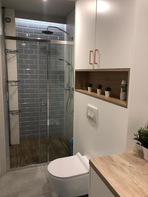 łazienka z toaletą i przeszklonym prysznicem w obiekcie Apartamenty Klifowa w Rewalu