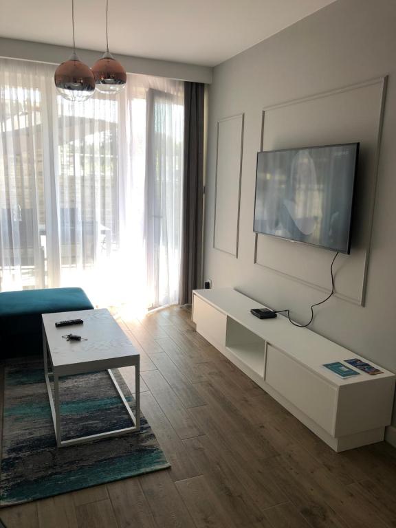salon z kanapą i telewizorem w obiekcie Apartamenty Klifowa w Rewalu