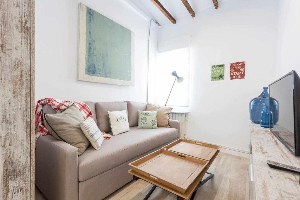 uma sala de estar com um sofá e uma mesa de centro em Apartamento de lujo nuevos ministerios chamberí em Madri