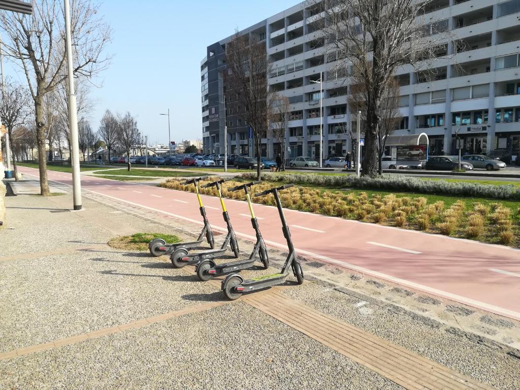 una fila de bicicletas estáticas alineadas en una calle en Glass House intero appartamento centro città, en Cosenza