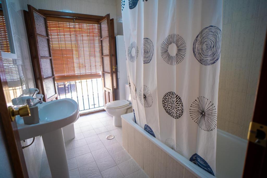 龍達的住宿－Apartamento Balcones del Tajo 2，一间带卫生间和淋浴帘的浴室