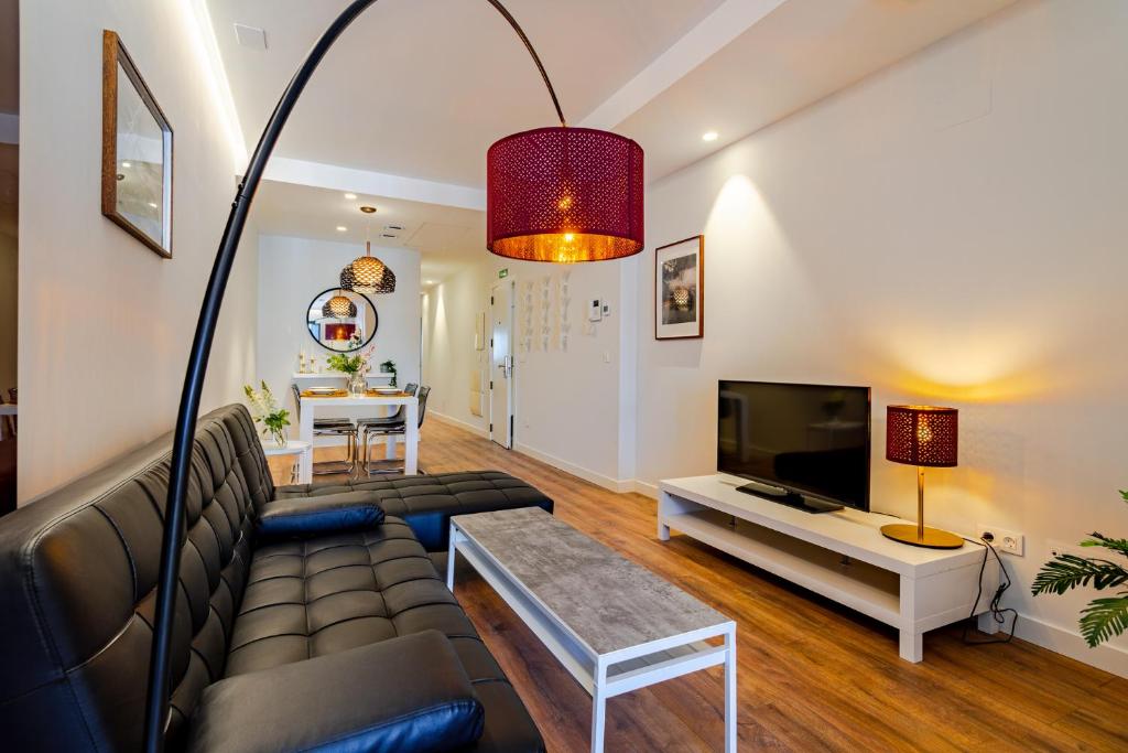 een woonkamer met een bank en een tv bij Plaza Mayor Apartamentos 13 in Valladolid