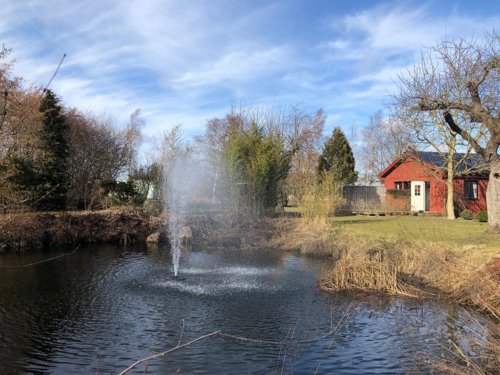 a fountain in the middle of a pond at Villa Maria Garden Cottages, Helsingborg in Helsingborg