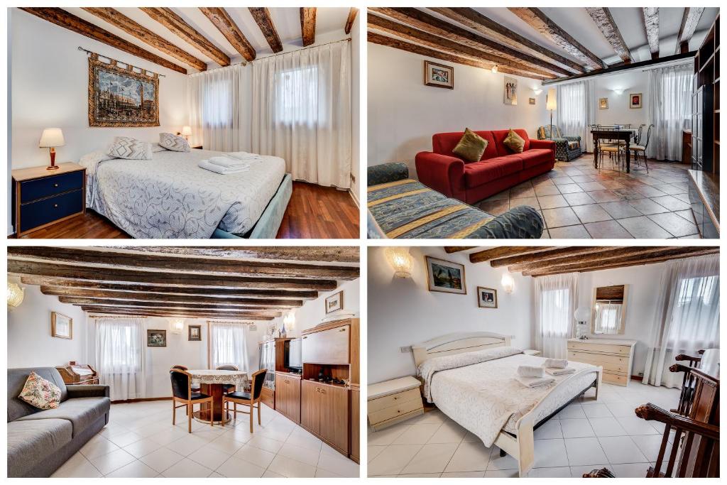 a collage of four pictures of a bedroom and a living room at Ca' Francesco in Venice