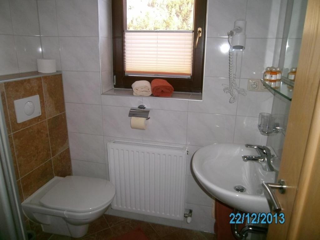 a small bathroom with a toilet and a sink at Gästehaus Hirschenhof in Sölden