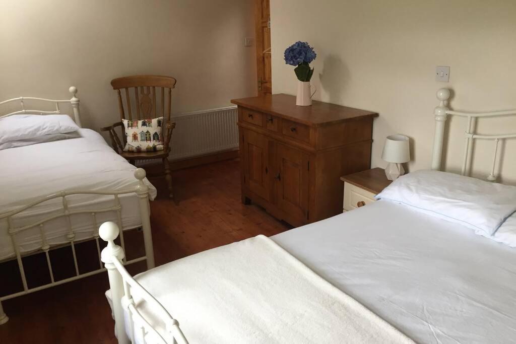 a bedroom with two beds and a dresser and a chair at Heron Water Cottage in Killarney