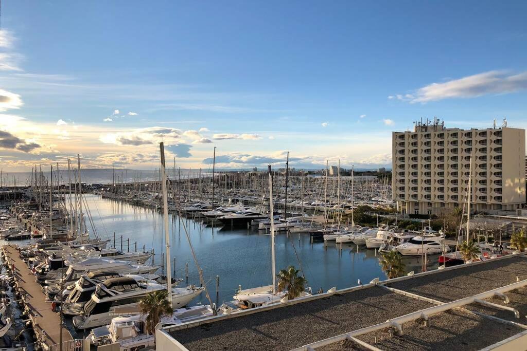 un port de plaisance avec beaucoup de bateaux dans l'eau dans l'établissement Appartement climatisé avec superbe vue mer port, à La Grande Motte